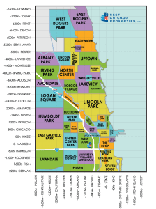 A real estate map search of Chicago neighborhoods where each distinctive neighborhood is in a different color - yellow, green, blue, purple and orange.