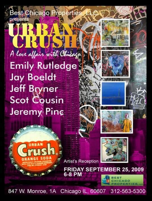 Yellow and purple flyer for the Best Chicago Properties Art Show entitled Urban Crush